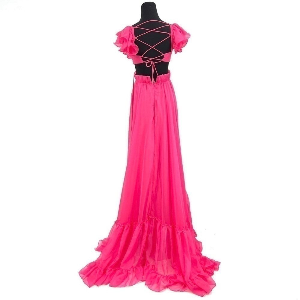 Mac Duggal Indy Chiffon Gown Maxi Backless Ruffles Pink Size 0 . X Small New - Picture 12 of 13